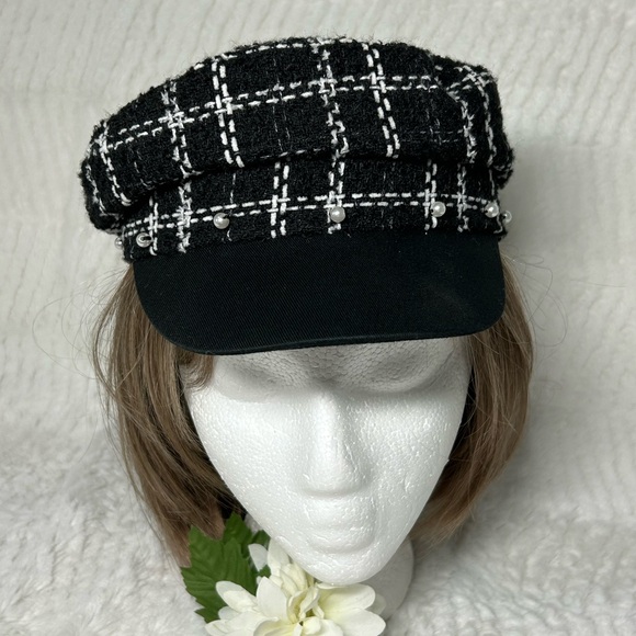 Cato Black and White Plaid Cadet Cap Brim Pearl Accents NWOT - Picture 1 of 11